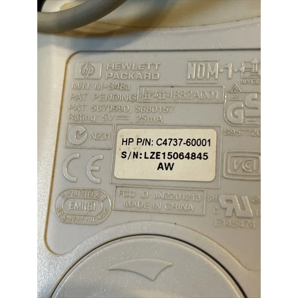 HP PS/2 Mouse 2-Button Scroll Wheel Serial Plug Logitech M-S48a Untested